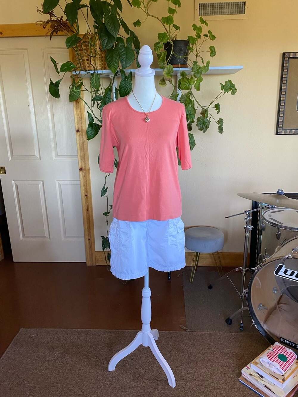 Talbots Women's Size L Coral Crew Neck 3/4 Sleeve Cotton T-Shirt